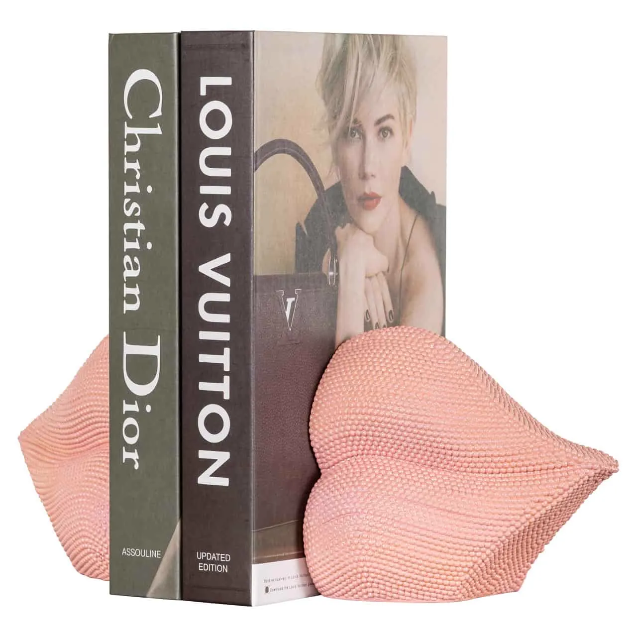 Zwei rosa Buchstützen Kiss Pink, die zwei Bücher mit Mode-Covers auf weißem Hintergrund stützen - Richmond Interiors