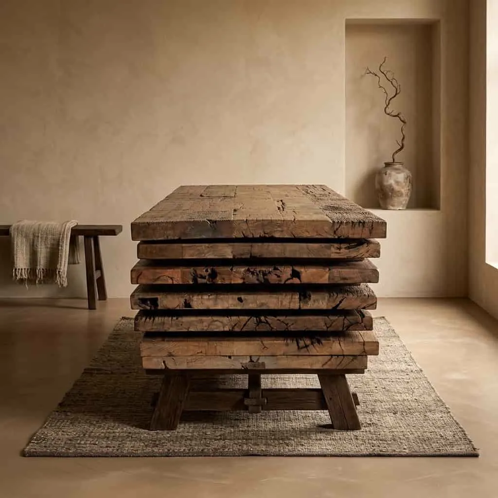 Esstisch Borneo Eisenholz 300cm mit Spinnenbein in warmer, minimalistischer Umgebung mit Bank und Vase - World of Brosi