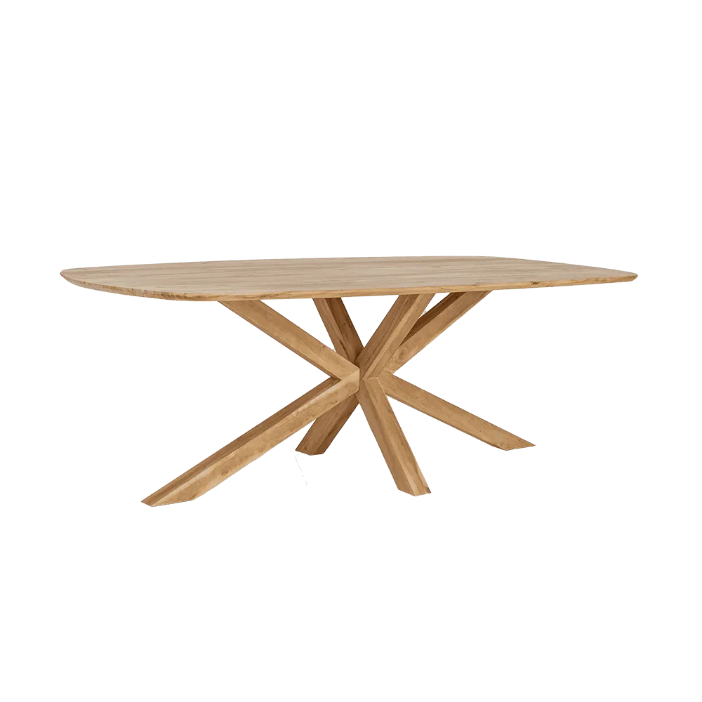 Crotone Esstisch 240 cm mit einer Holzplatte und einem sternförmigen Holzfuß auf grünem Hintergrund - Tower Living