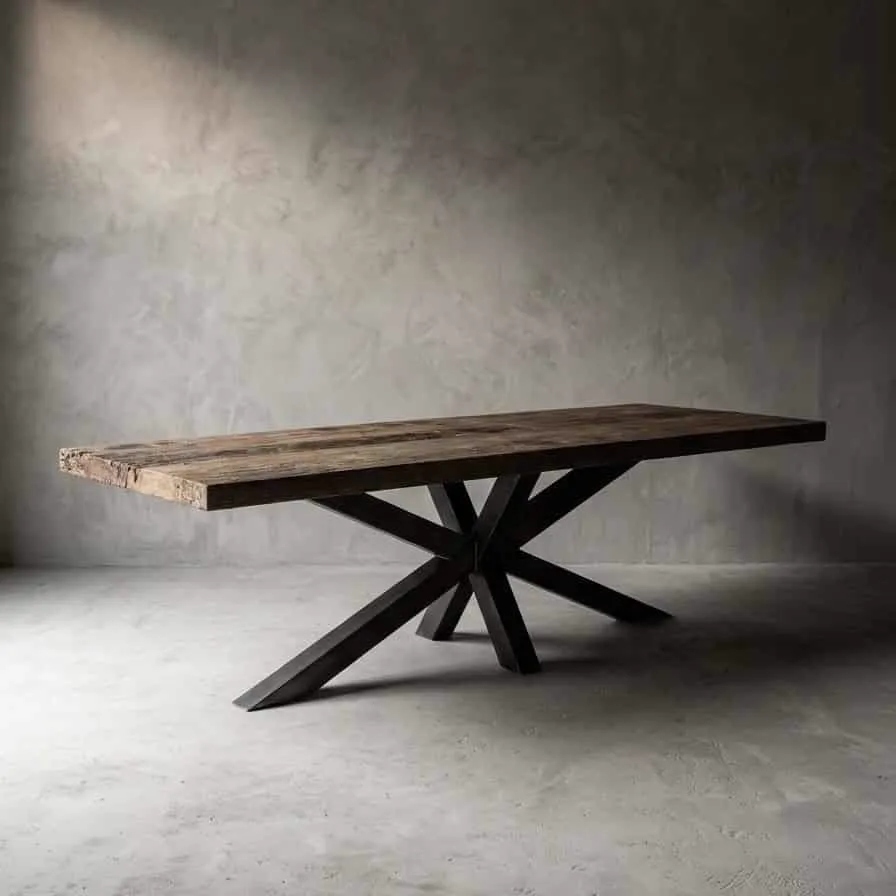 Der Esstisch Borneo Eisenholz 300cm mit Spinnenbein steht im Mittelpunkt eines Studios mit grauen Wänden - World of Brosi