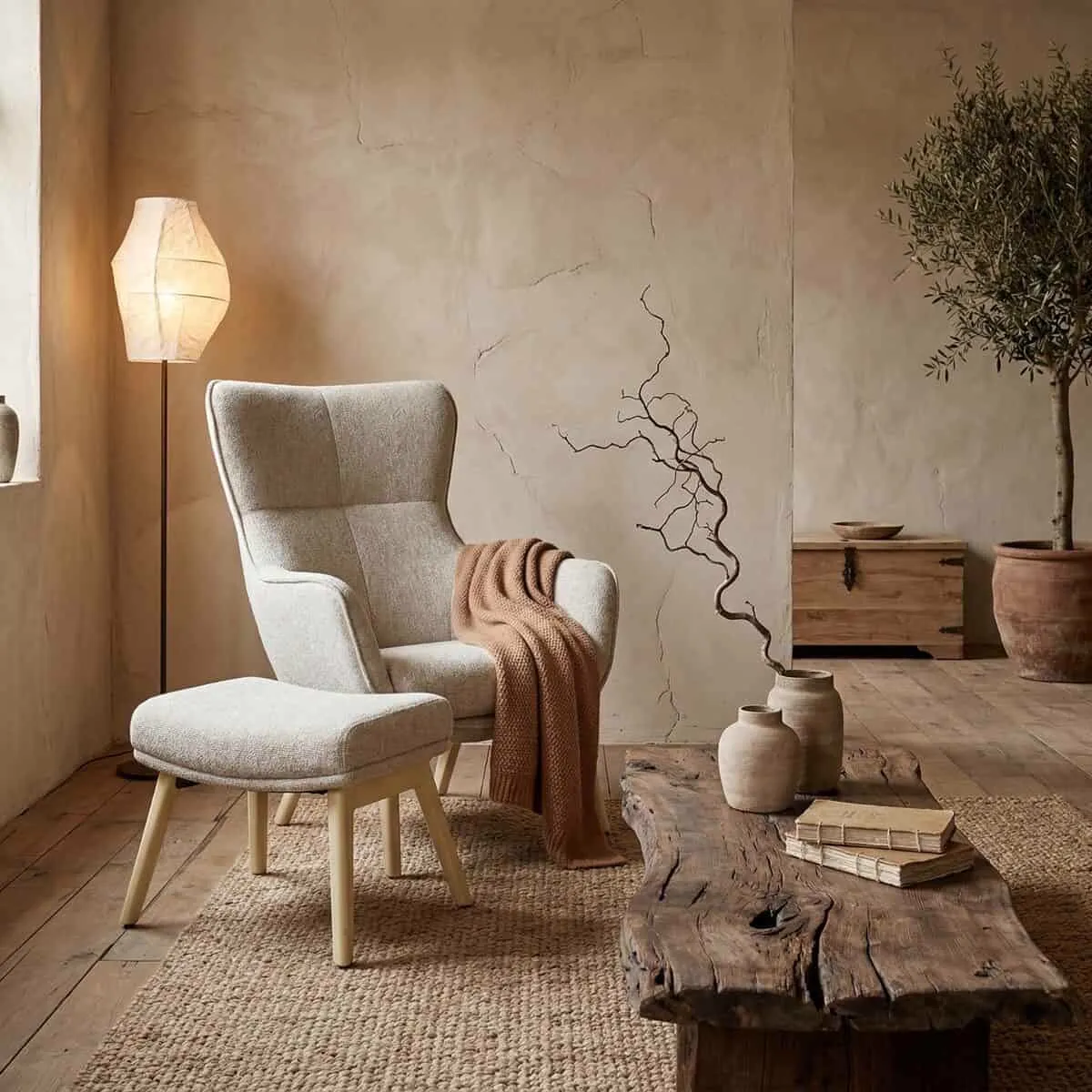 Sessel Flip mit Hocker in einem stimmungsvollen Wohnzimmer mit Teppich, Couchtisch und Pflanze - Wildeboer & van der Weide