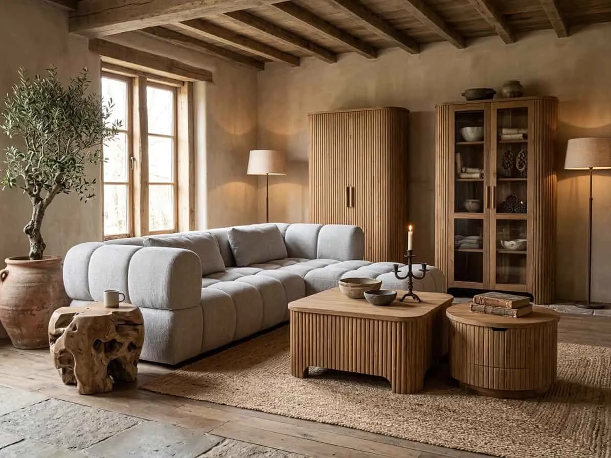 Wandschrank Bailar in einem stimmungsvollen Wohnzimmer mit Holzbalken und einem hellgrauen Sofa - World of Brosi
