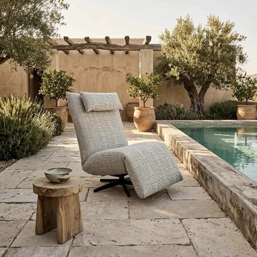 Relaxsessel Indi Outdoor Musterstoff in einem mediterranen Garten neben einem Pool mit einem hölzernen Beistelltisch - Chill-Line