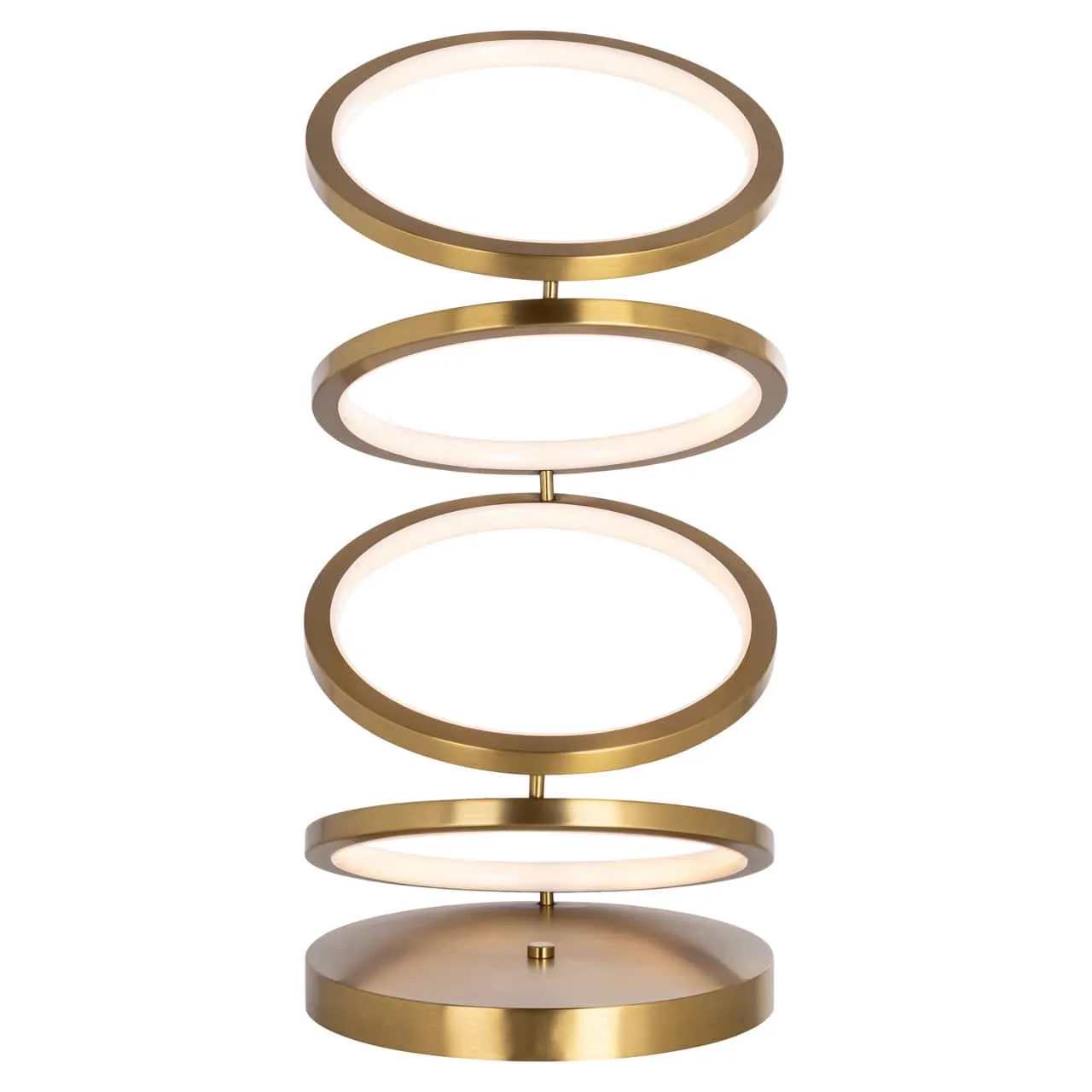 Tafellamp Jaimin brushed gold met vier ovale lichtringen op een witte achtergrond, van dichtbij gefotografeerd - Richmond Interiors
