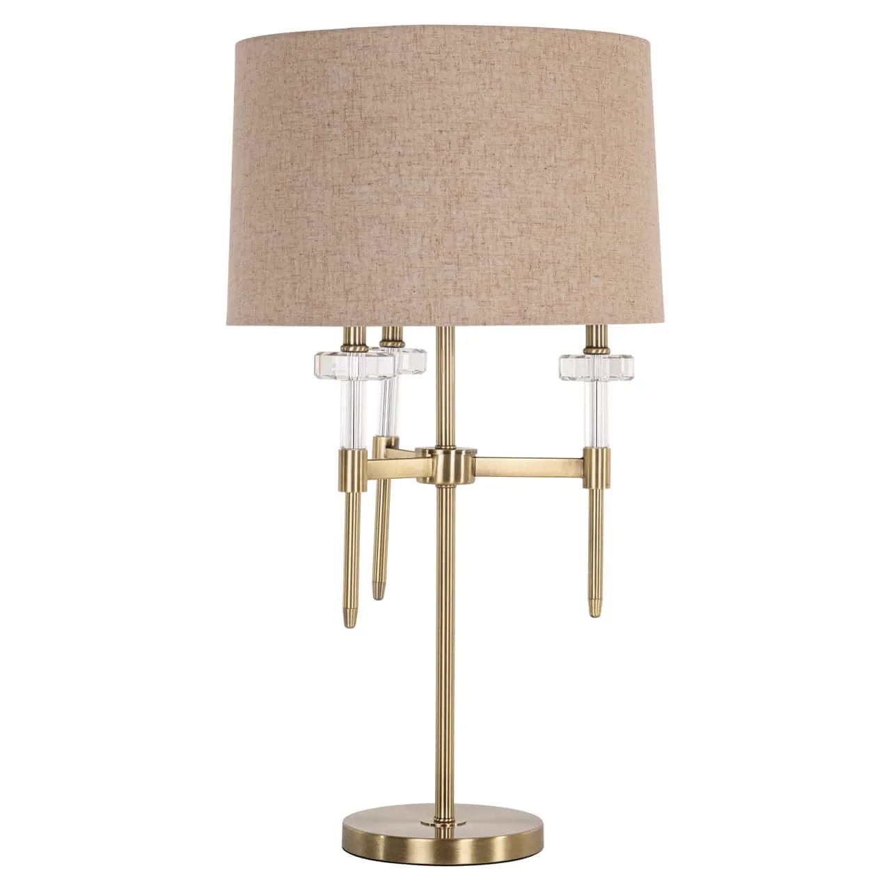 Tischleuchte Josie brushed gold auf weißem Hintergrund, mit einem Leinenschirm und einem goldfarbenen Fuß - Richmond Interiors