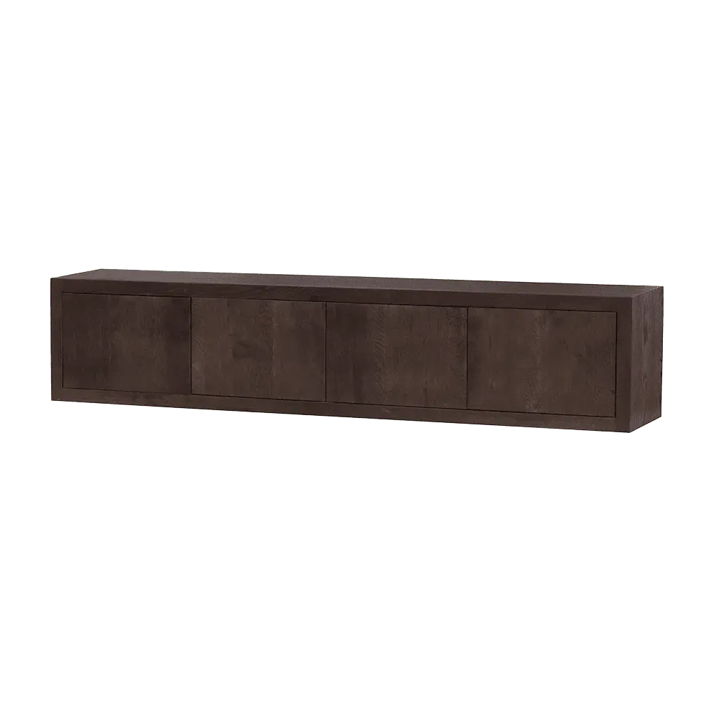 Mincio TV-Möbel hängend 220 cm aus dunkelbraunem Holz, schwebend vor schwarzem Hintergrund - Tower Living