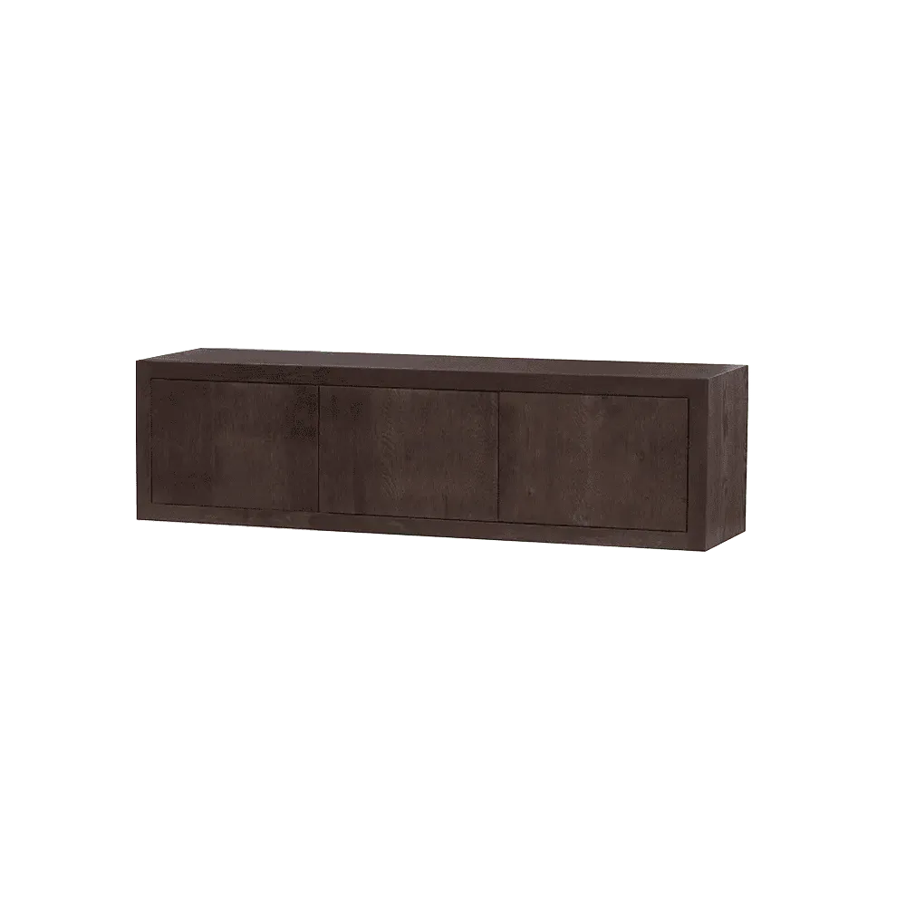 Mincio TV-Möbel hängend 176 cm, ein dunkelbraunes TV-Möbel aus Holz mit drei Türen, vor schwarzem Hintergrund - Tower Living