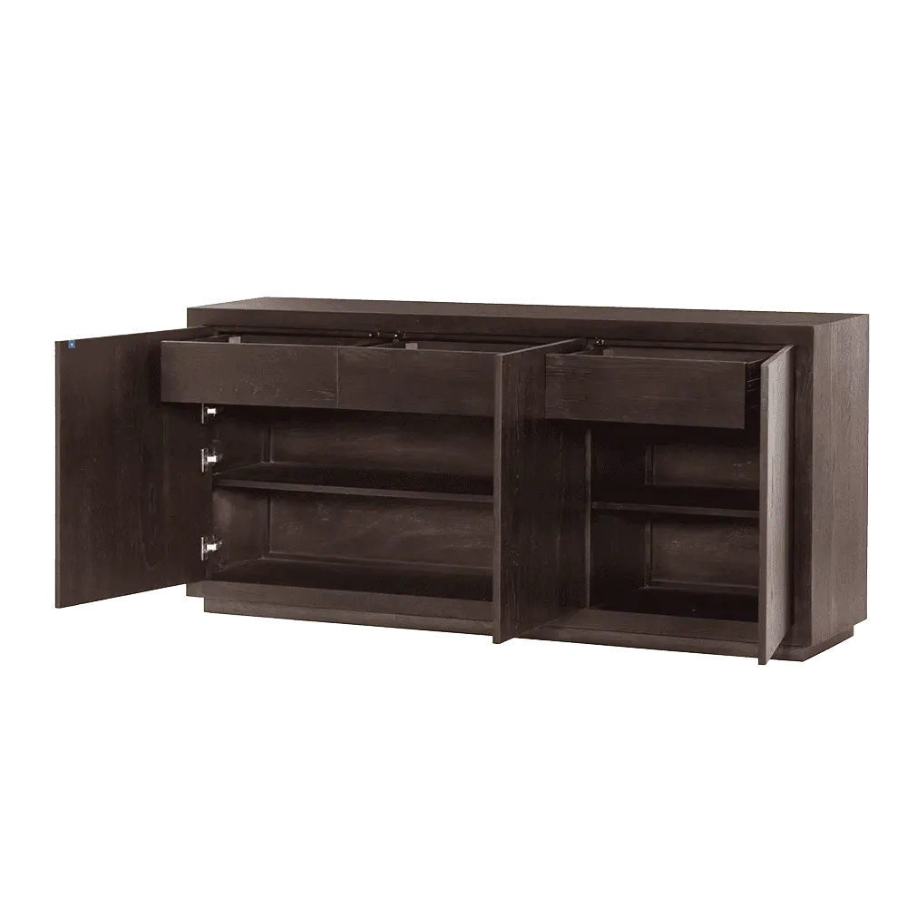 Mincio Sideboard 176 cm mit geöffneten Türen und Schubladen, auf schwarzem Hintergrund - Tower Living