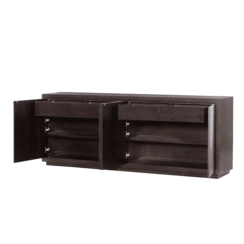 Mincio Sideboard 220 cm mit geöffneten Türen und Schubladen vor weißem Hintergrund - Tower Living