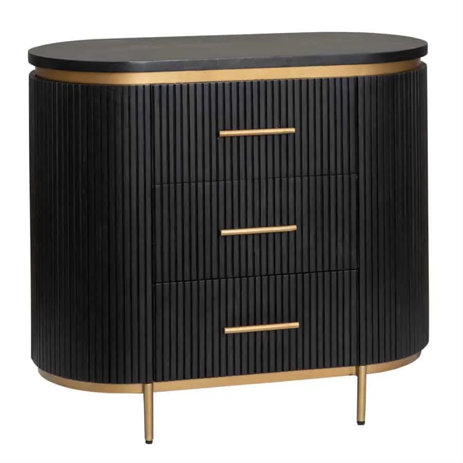 Rivello Schubladenschrank 90 cm vor weißem Hintergrund, mit leicht gebogener Front und goldfarbenen Griffen und Beinen - Tower Living