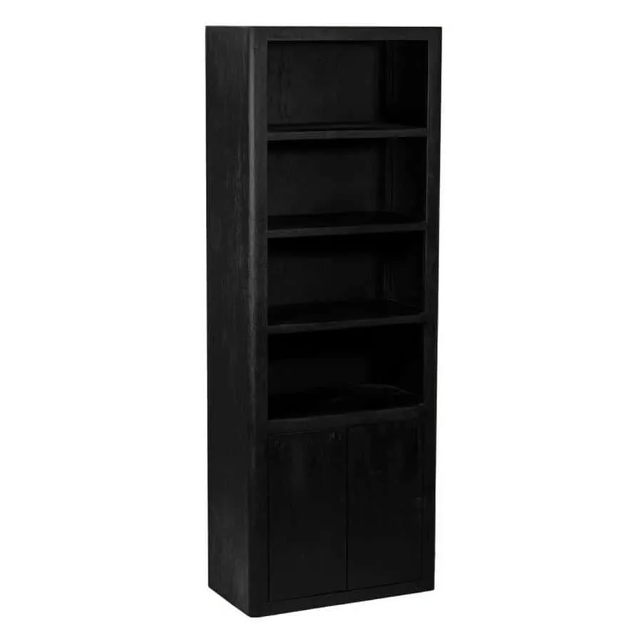 Schwarzes Tenna Bücherregal 80 cm mit offenen Fächern und zwei Türen auf weißem Hintergrund - Tower Living