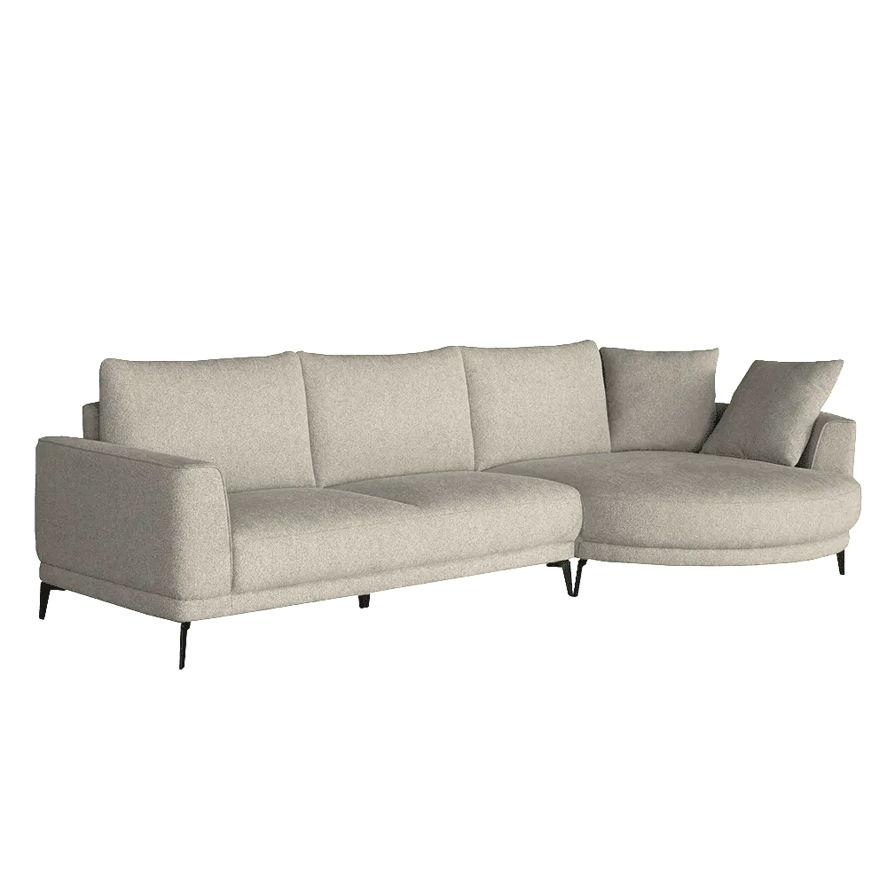 Prescot 2 5-AL + Chaise R - Sahara 120 Sand Sofa auf weißem Hintergrund, aus einem niedrigen Blickwinkel - Tower Living