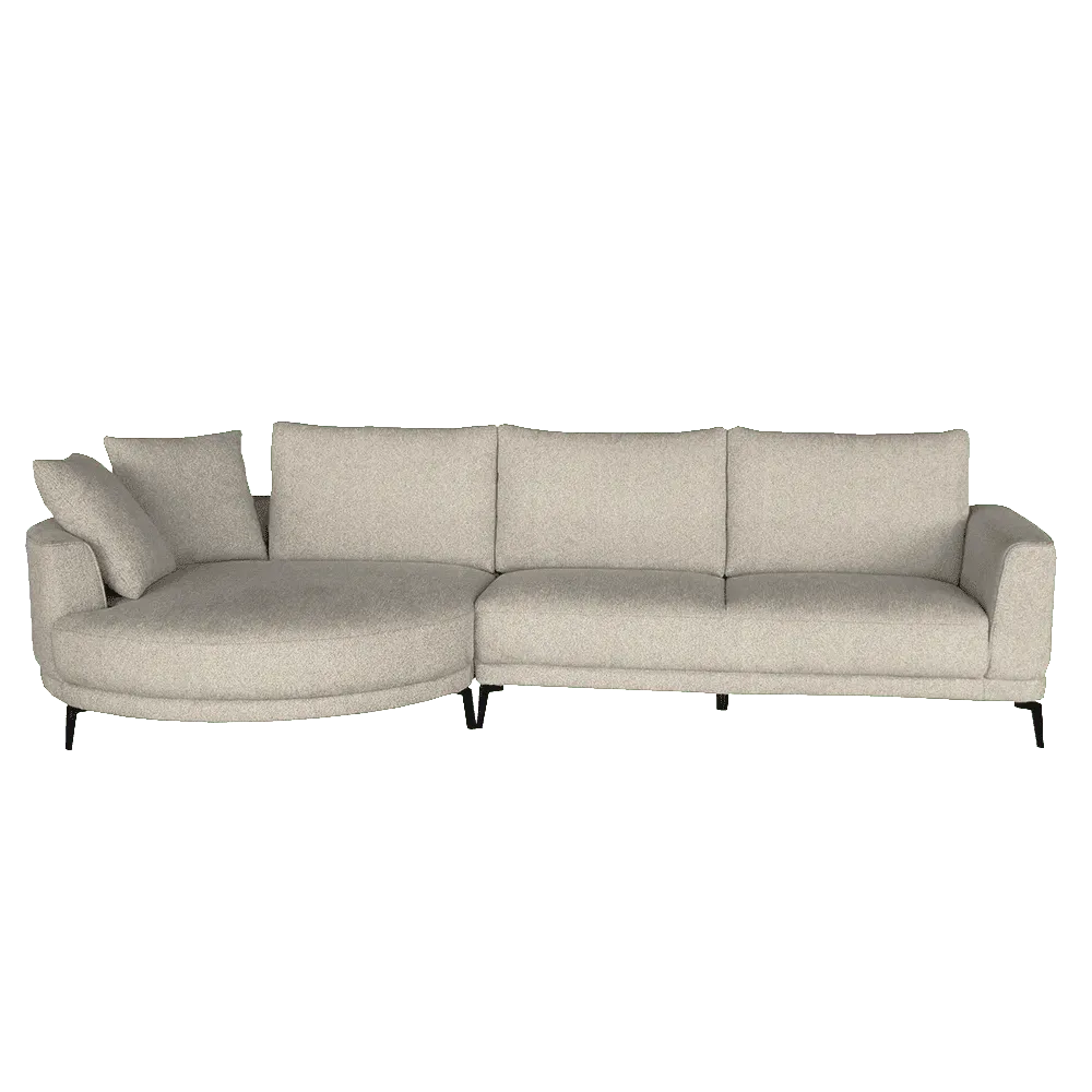 De Prescot 2 5-AR + Chaise L - Sahara 120 sand bankstel, van Tower Living, staat op een witte achtergrond