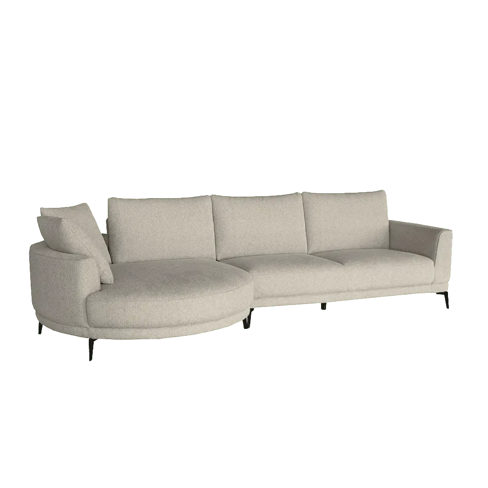 De Prescot 2 5-AR + Chaise L - Sahara 120 sand bankstel op een witte achtergrond, van voren gefotografeerd - Tower Living