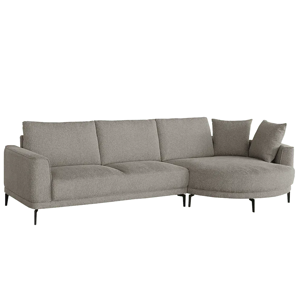 De Prescot 2 5-AR + Chaise L - Sahara 400 espresso bank, vanuit een laag standpunt gefotografeerd op een witte achtergrond - Tower Living