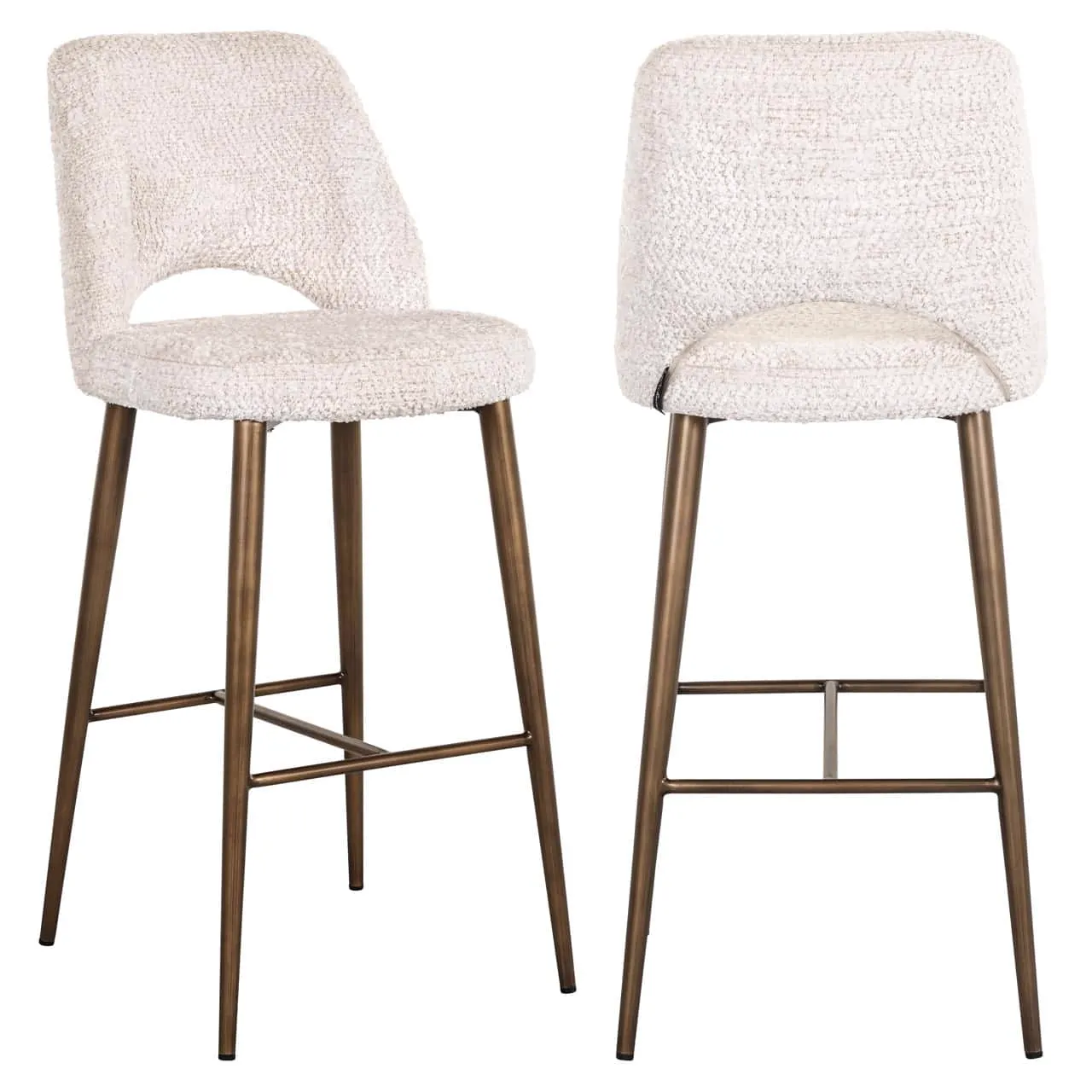 Zwei Barhocker Delphine lovely cream mit cremefarbenem Bouclé-Stoff und bronzefarbenen Beinen, auf weißem Hintergrund fotografiert - Richmond Interiors