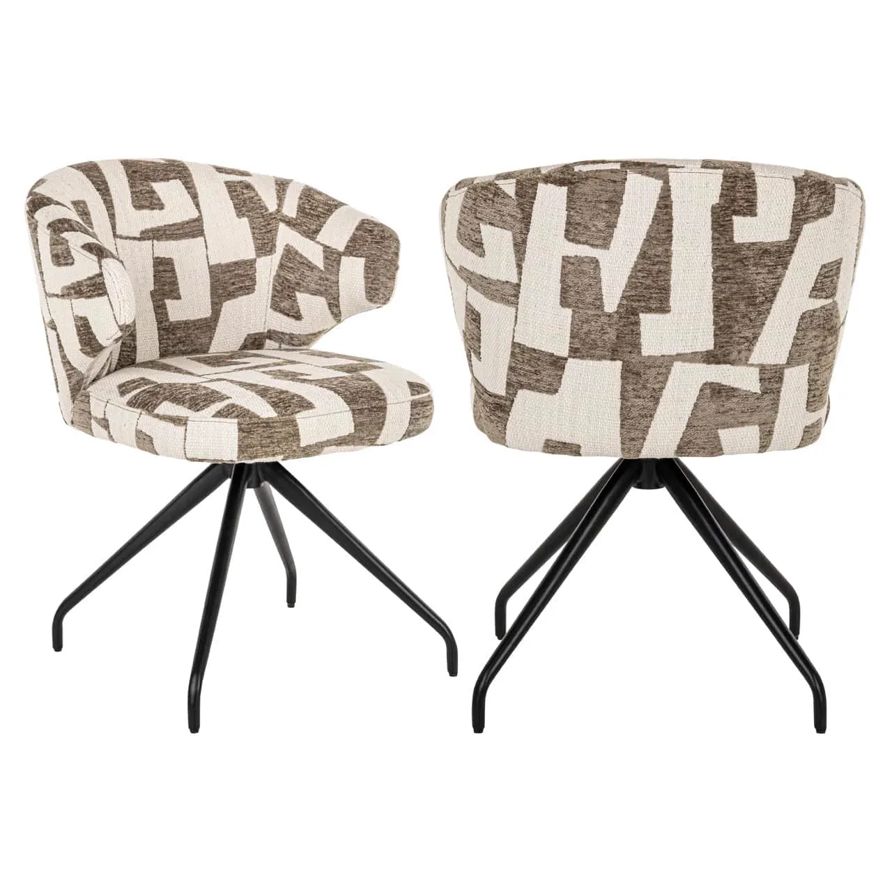 Zwei Esszimmerstühle Milly moss graffic swivel mit grafischem Muster und schwarzen Beinen, fotografiert vor weißem Hintergrund - Richmond Interiors