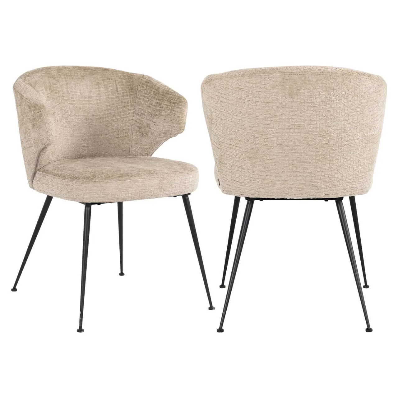 Twee eetkamerstoelen Xandra desert fusion fire retardant met beige bekleding en zwarte poten, gefotografeerd op een witte achtergrond - Richmond Interiors