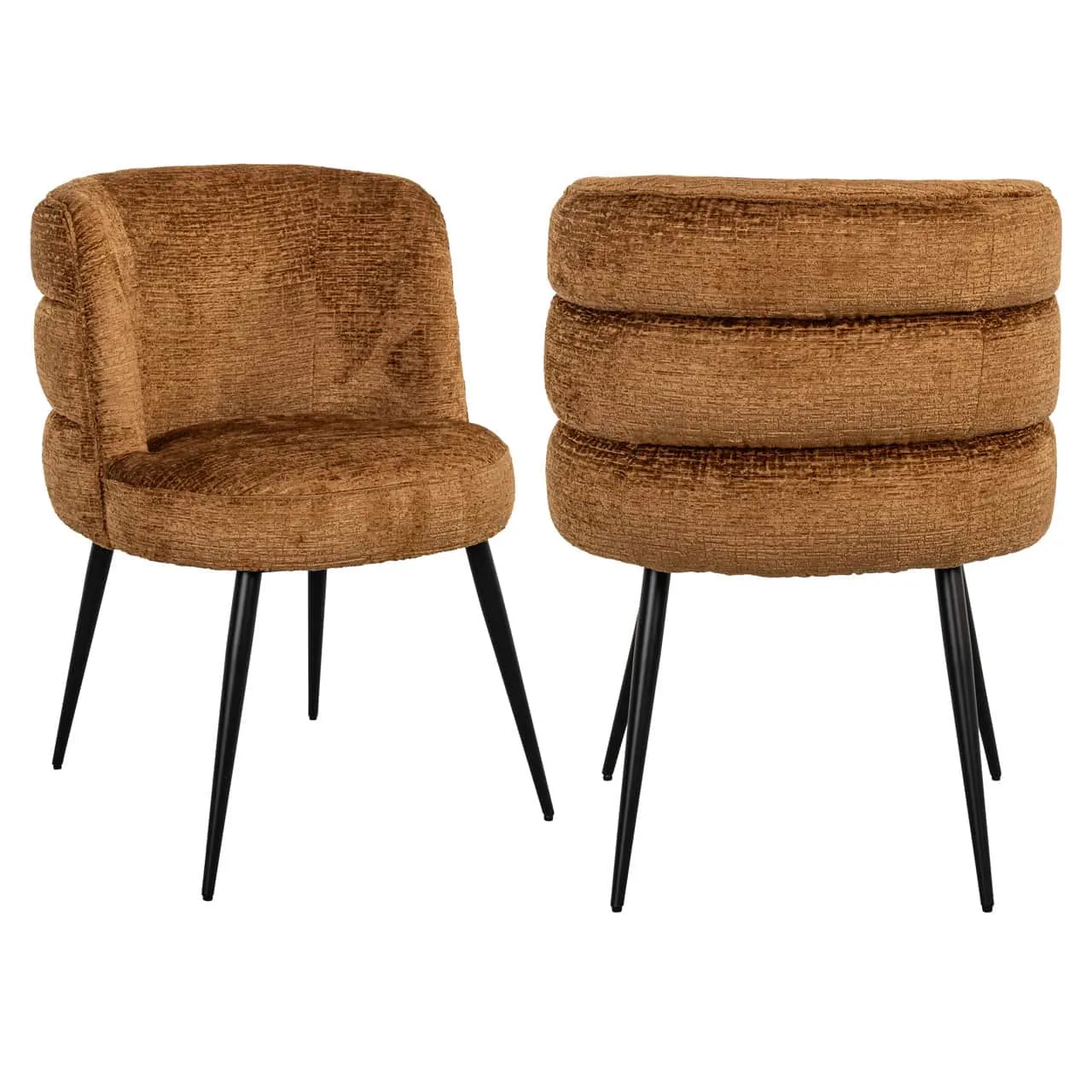 Zwei Esszimmerstühle Stella Cognac Fusion, einer von vorne und einer von hinten gesehen, auf weißem Hintergrund - Richmond Interiors