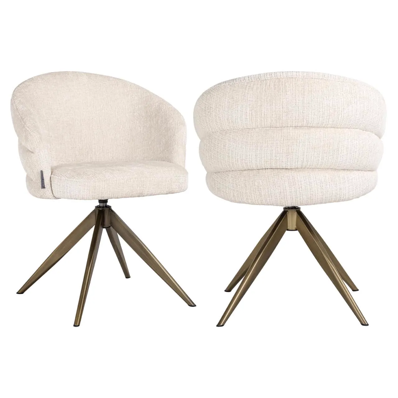 Twee eetkamerstoelen Zendaya niagara beige swivel op een witte achtergrond, vanuit verschillende hoeken gefotografeerd - Richmond Interiors