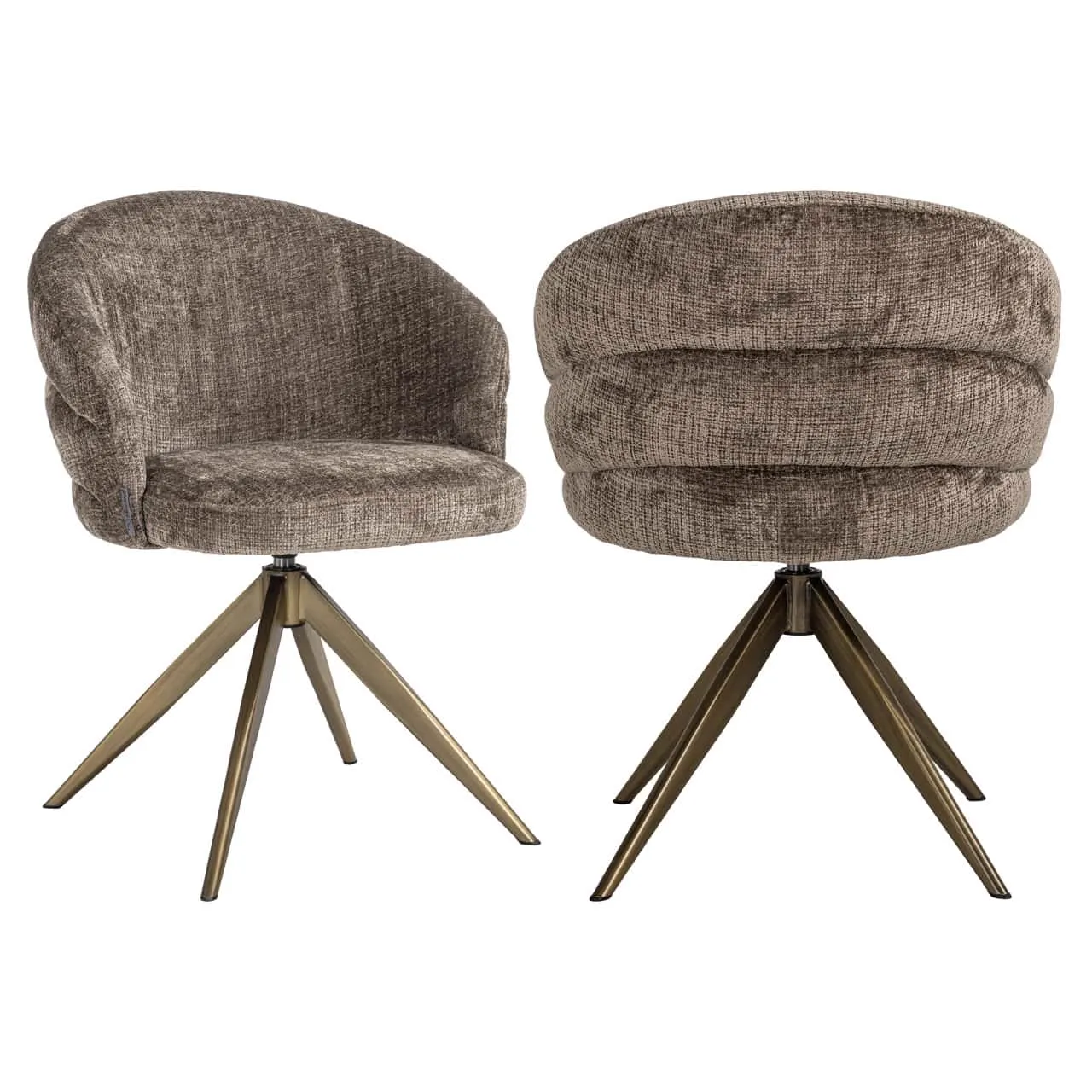 Twee eetkamerstoelen Zendaya niagara stone swivel met een metalen spinpoot, gefotografeerd tegen een witte achtergrond - Richmond Interiors