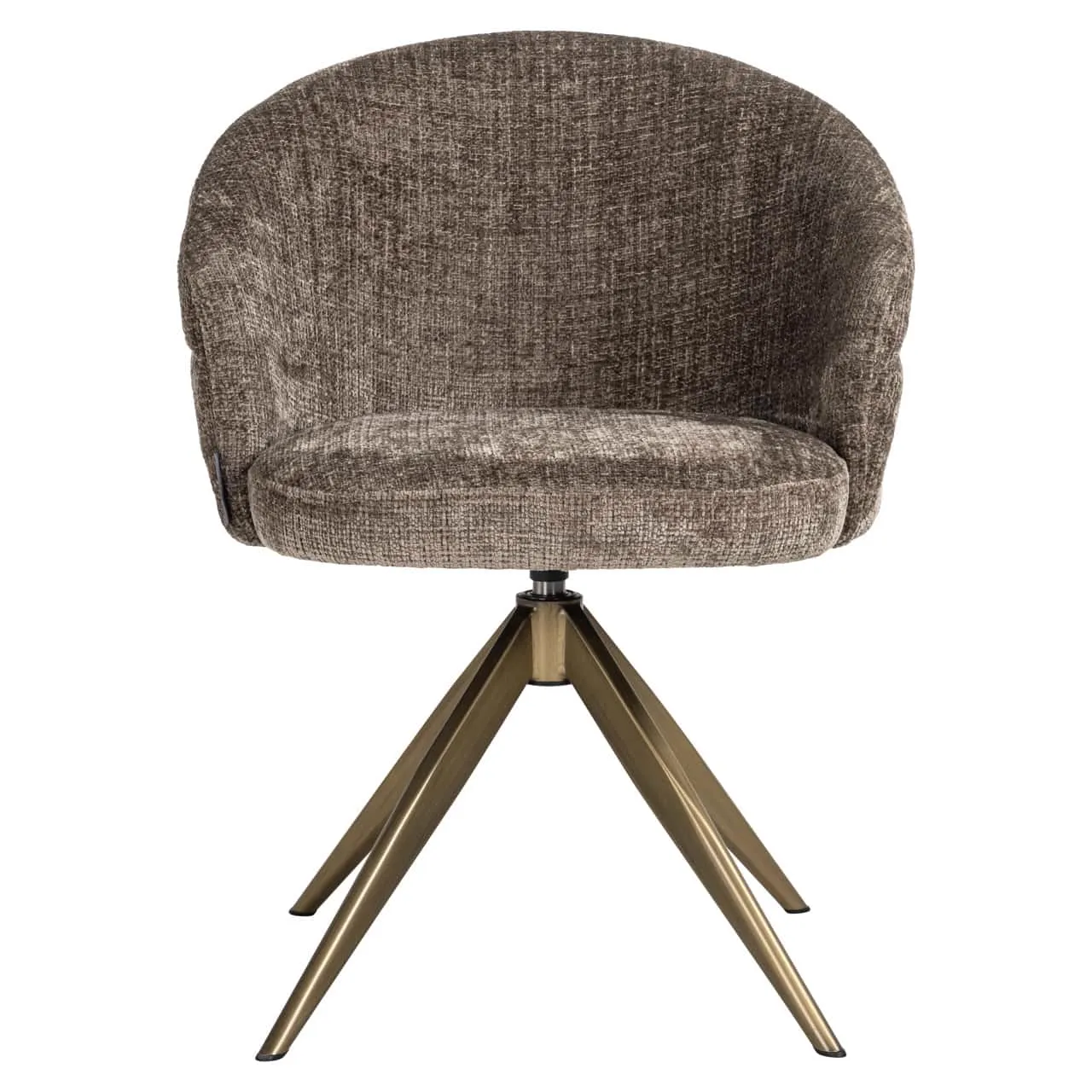 Eetkamerstoel Zendaya niagara stone swivel met een bruine stoffen bekleding en een goudkleurige spinpoot op een witte achtergrond - Richmond Interiors