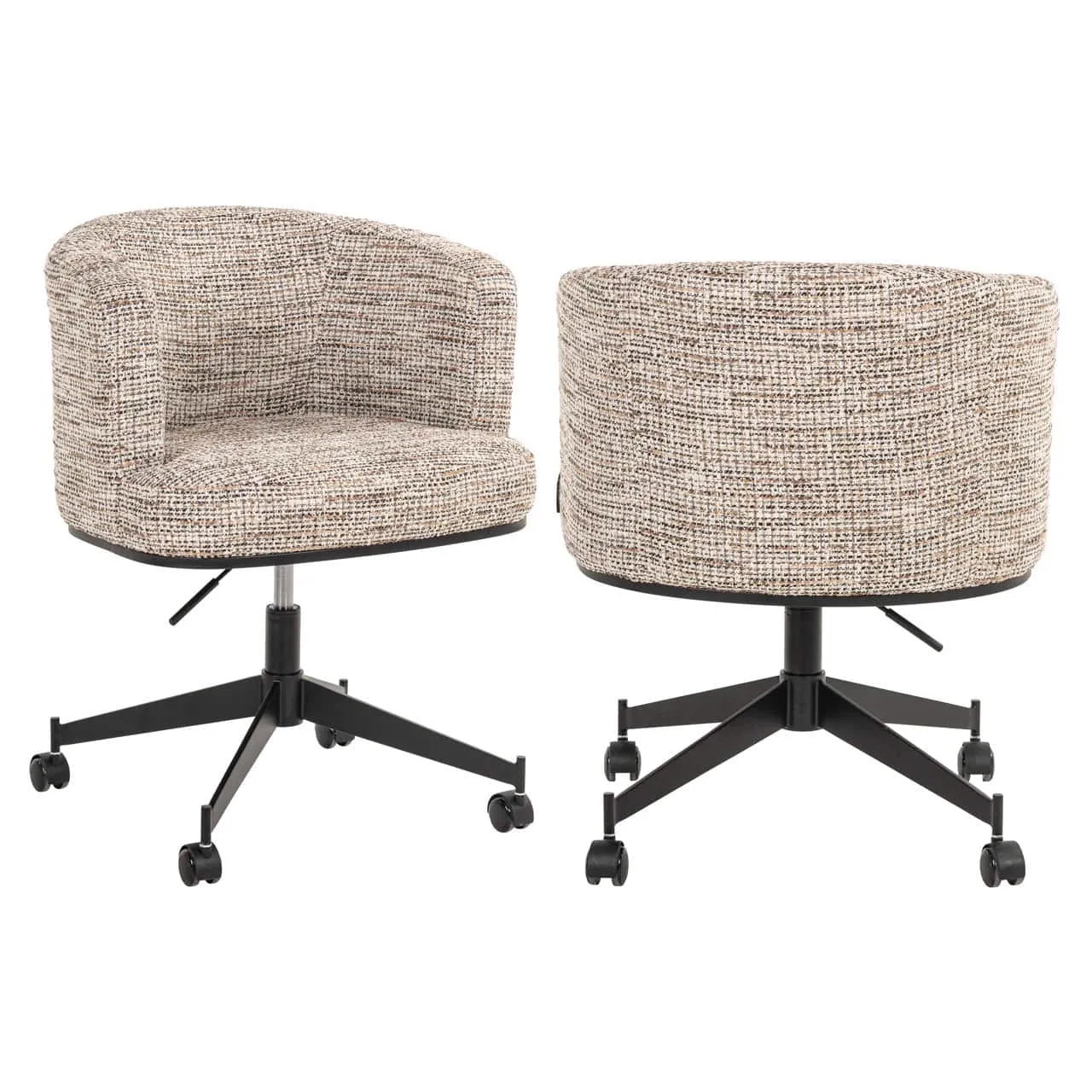 Twee eetkamerstoelen Rochenne trendy nature swivel on wheels op een witte achtergrond, vanuit verschillende hoeken gefotografeerd - Richmond Interiors
