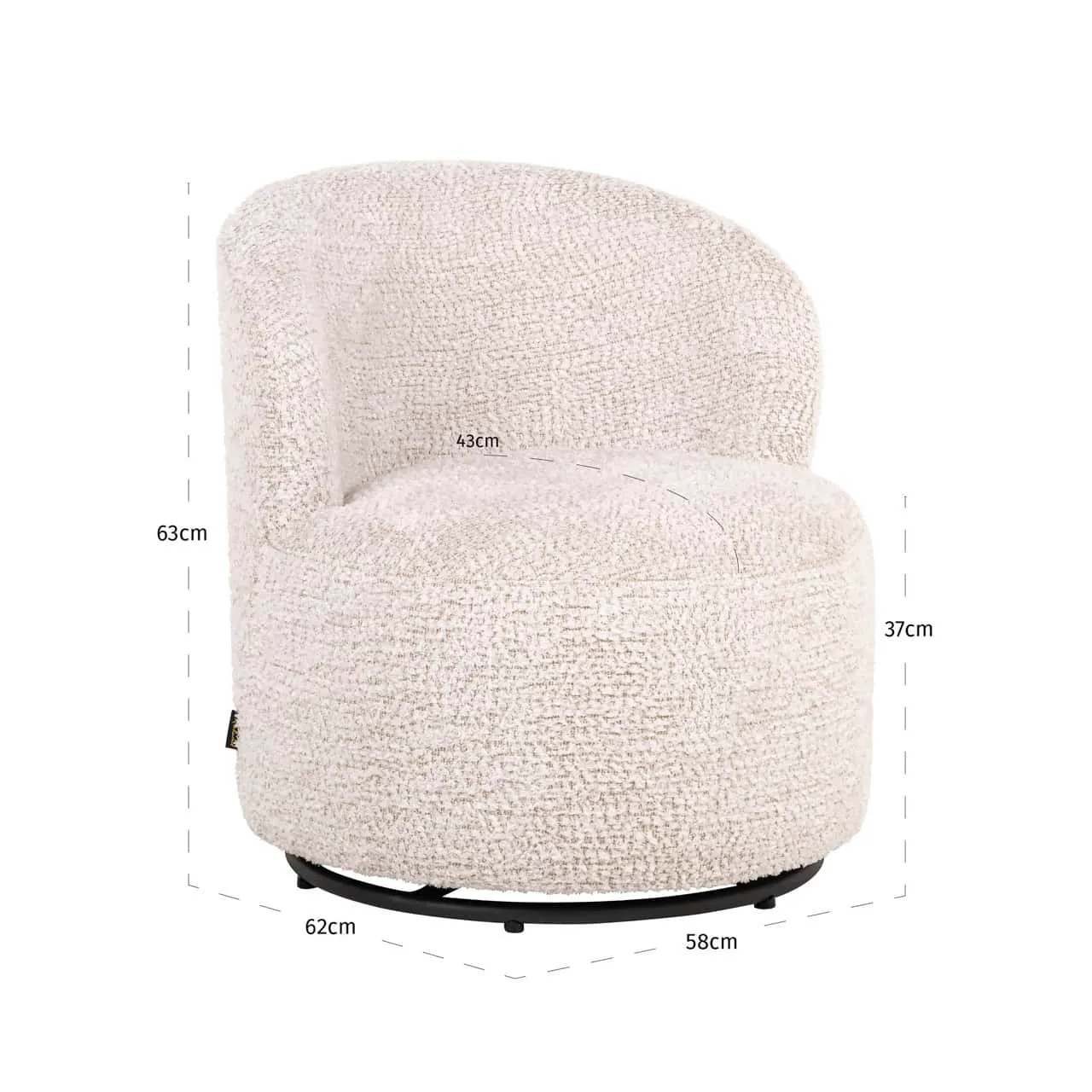Lounge Sessel Jackie Lovely Cream Drehbar für Kinder auf weißem Hintergrund, mit Maßen von 63cm Höhe, 62cm Breite und 58cm Tiefe - Richmond Interiors