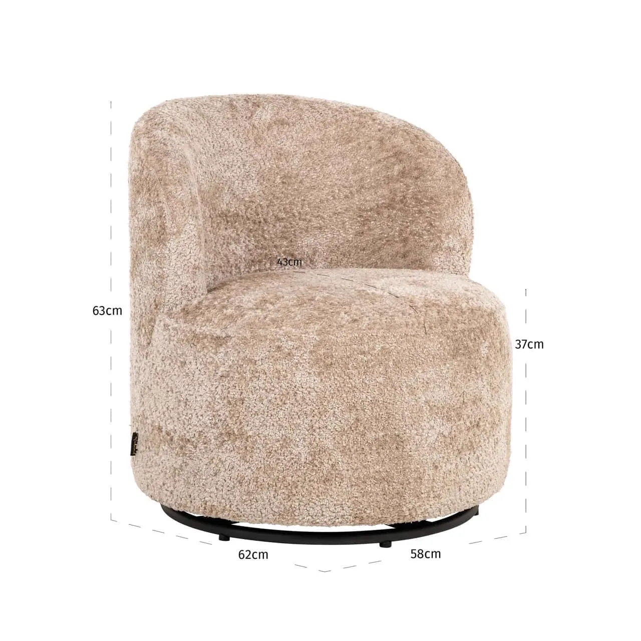 Lounge stoel Jackie sheep natural swivel kids op een witte achtergrond, met afmetingen van 63cm, 43cm, 37cm, 62cm en 58cm - Richmond Interiors
