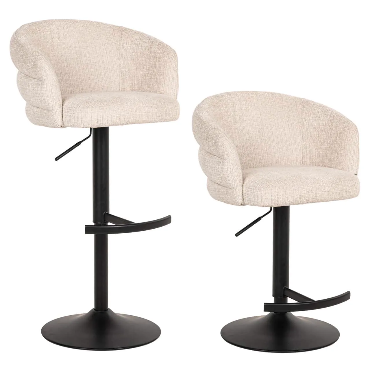 Zwei Barhocker Nikki Niagara Beige Swivel Fire Retardant auf weißem Hintergrund, aus einem niedrigen Blickwinkel fotografiert - Richmond Interiors