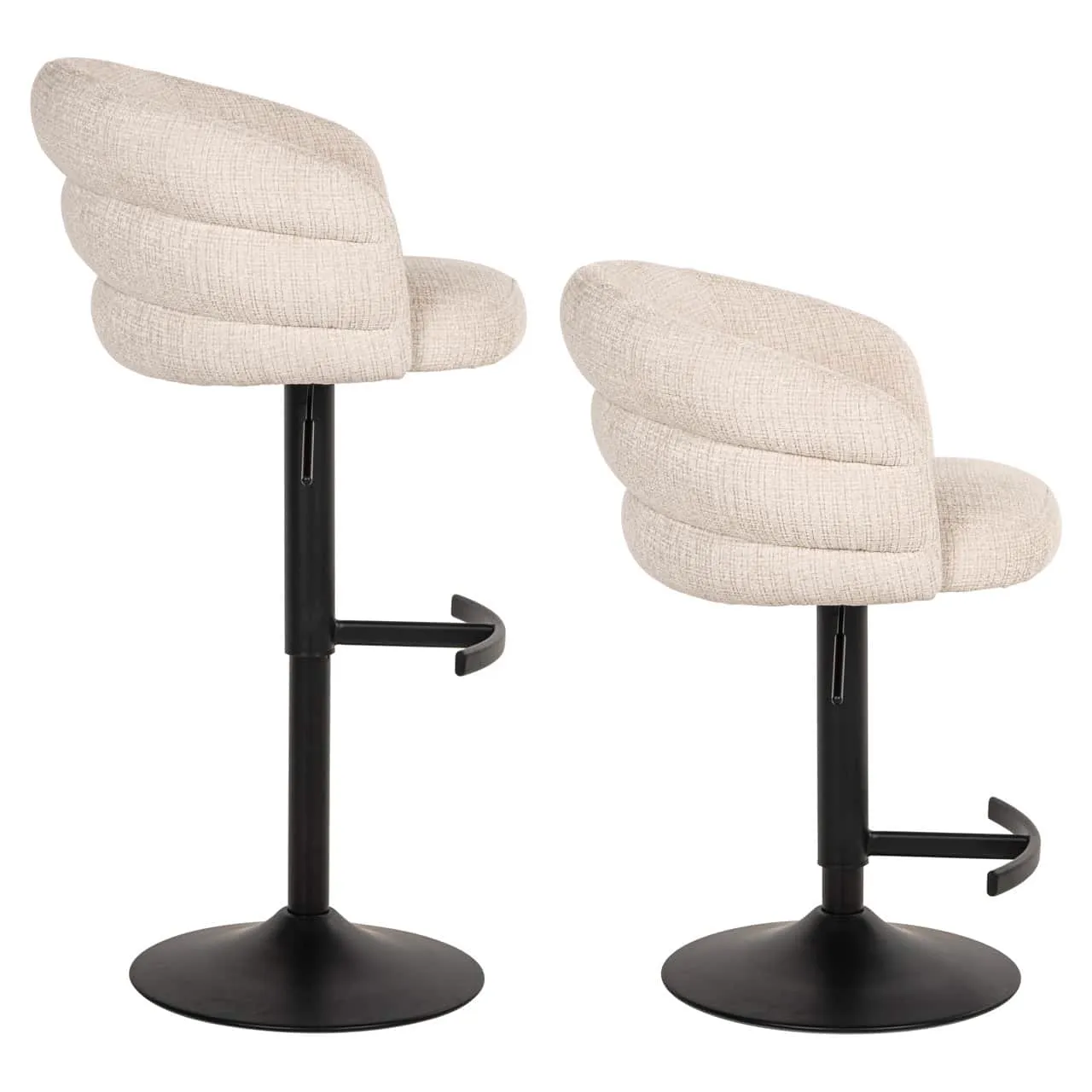 Zwei beige Barhocker Nikki Niagara Beige Swivel Fire Retardant Barhocker auf weißem Hintergrund, Seitenansicht - Richmond Interiors