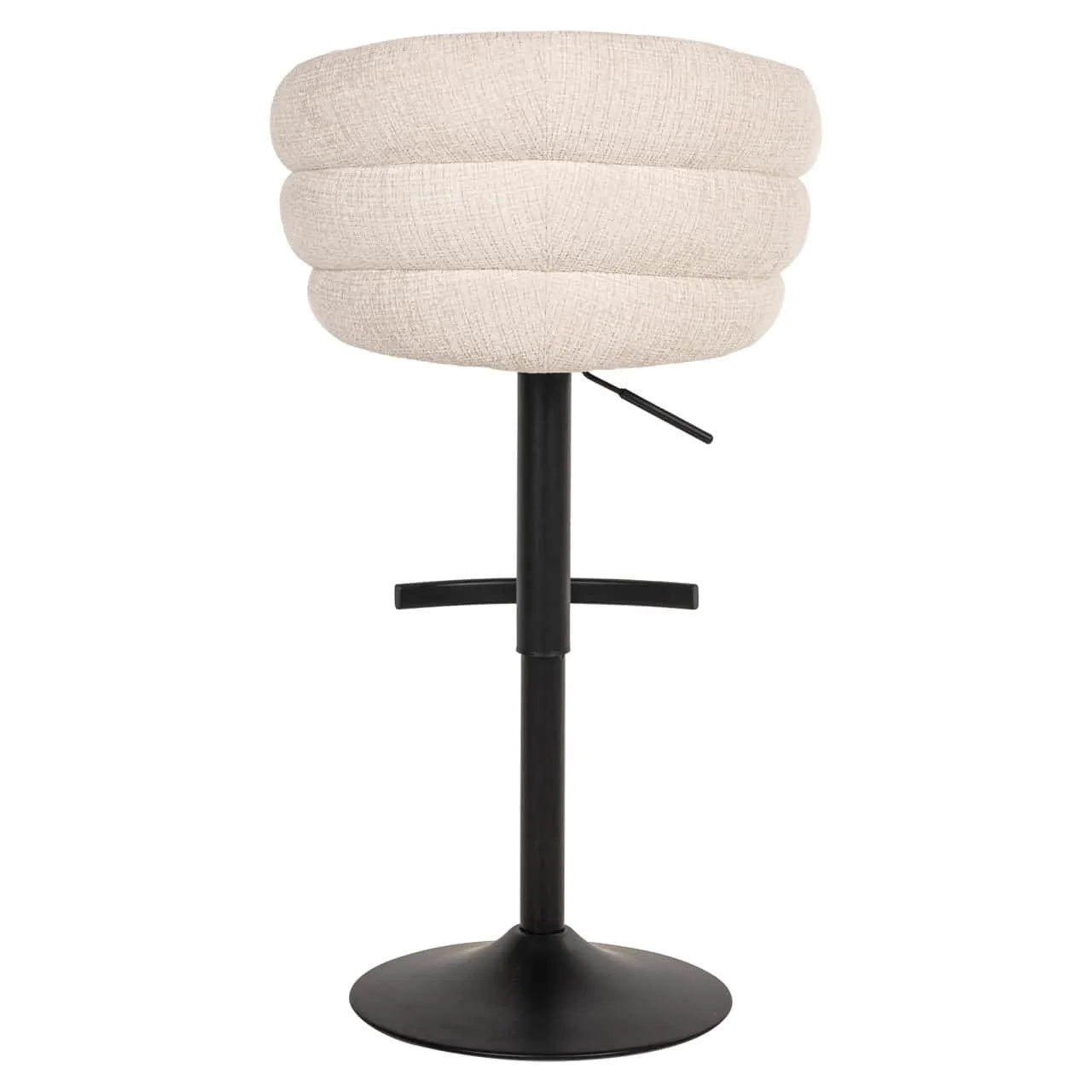 Barhocker Nikki Niagara Beige Swivel Fire Retardant auf weißem Hintergrund, mit einer Nahaufnahme der Sitzfläche und des schwarzen Fußes - Richmond Interiors
