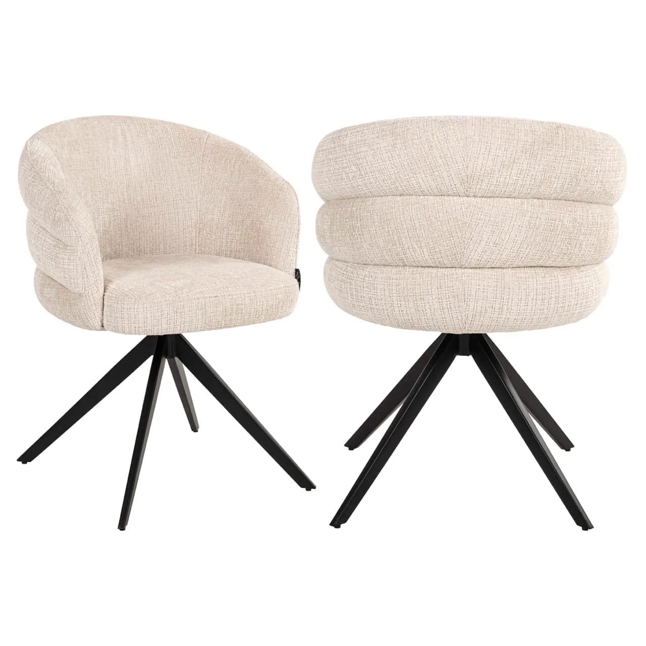 Twee eetkamerstoelen Serenity niagara beige swivel fire retardant op een witte achtergrond, vanuit een laag standpunt - Richmond Interiors