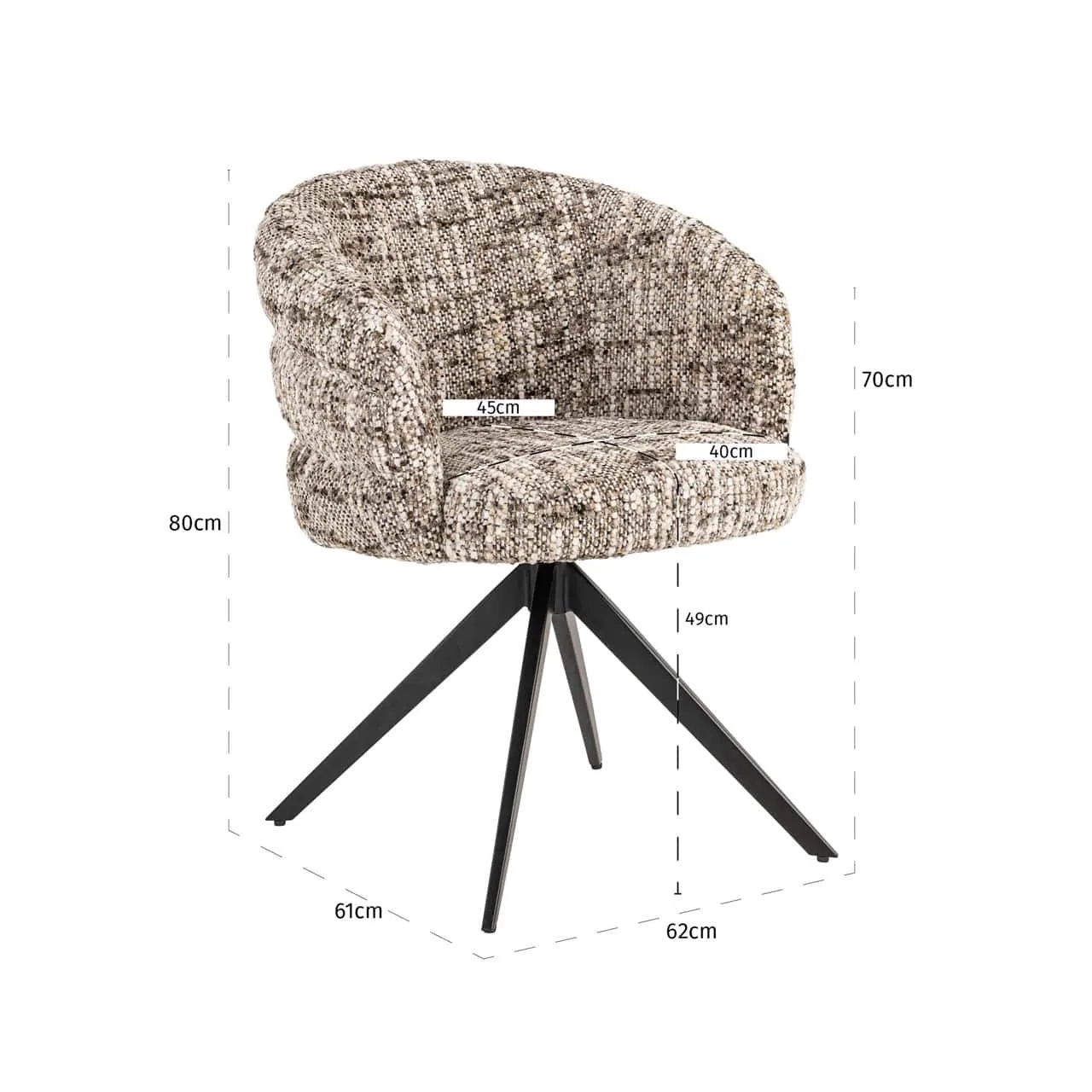 Eetkamerstoel Serenity brown omara swivel fire retardant met afmetingen op een witte achtergrond, schuin van voren gefotografeerd - Richmond Interiors