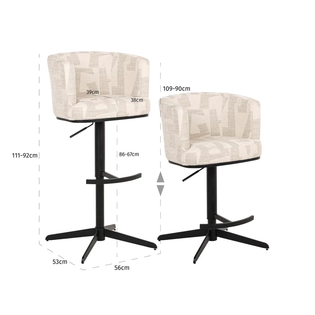 Zwei Barhocker Cheyenne beige graffic swivel auf weißem Hintergrund mit angezeigten Maßen - Richmond Interiors