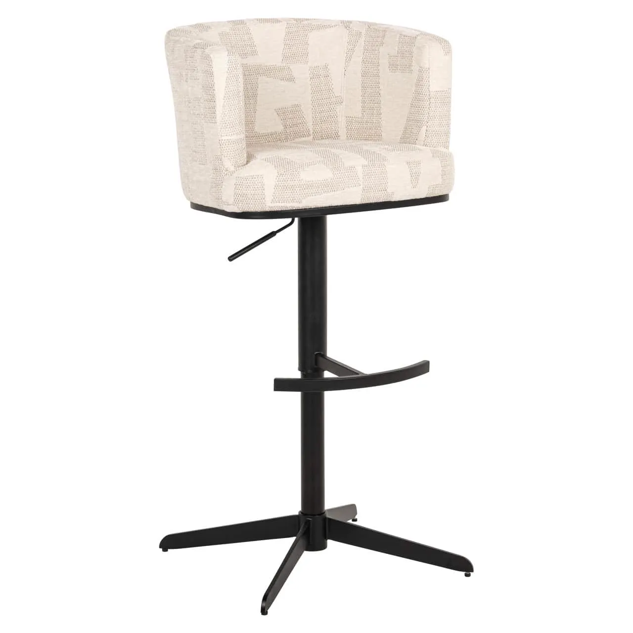 Barhocker Cheyenne beige graffic swivel auf weißem Hintergrund, aus einer niedrigen Perspektive fotografiert - Richmond Interiors