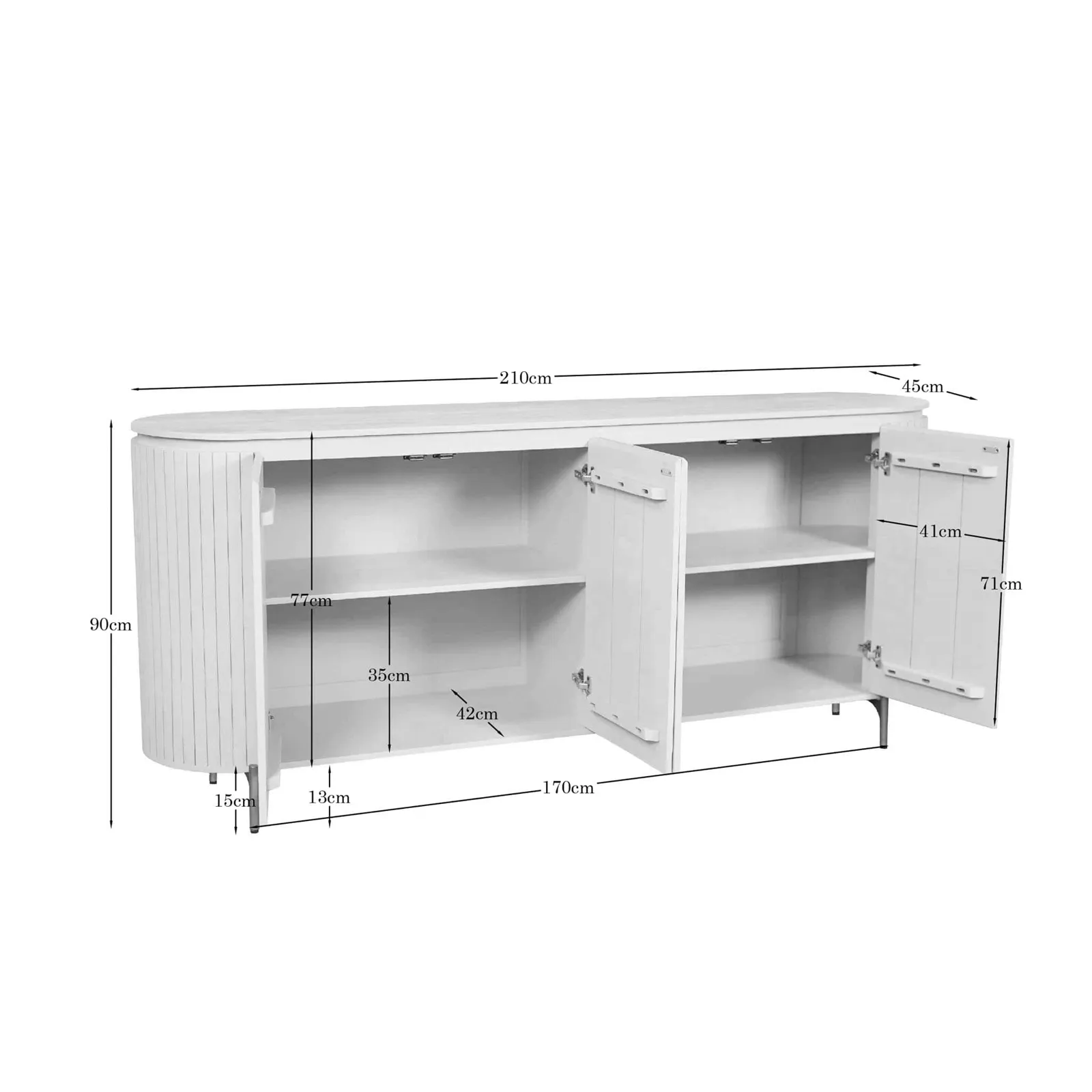 Weißer Sideboard-Schrank mit vier Türen und geöffneten rechten Türen, mit Maßen auf weißem Hintergrund - Starfurn