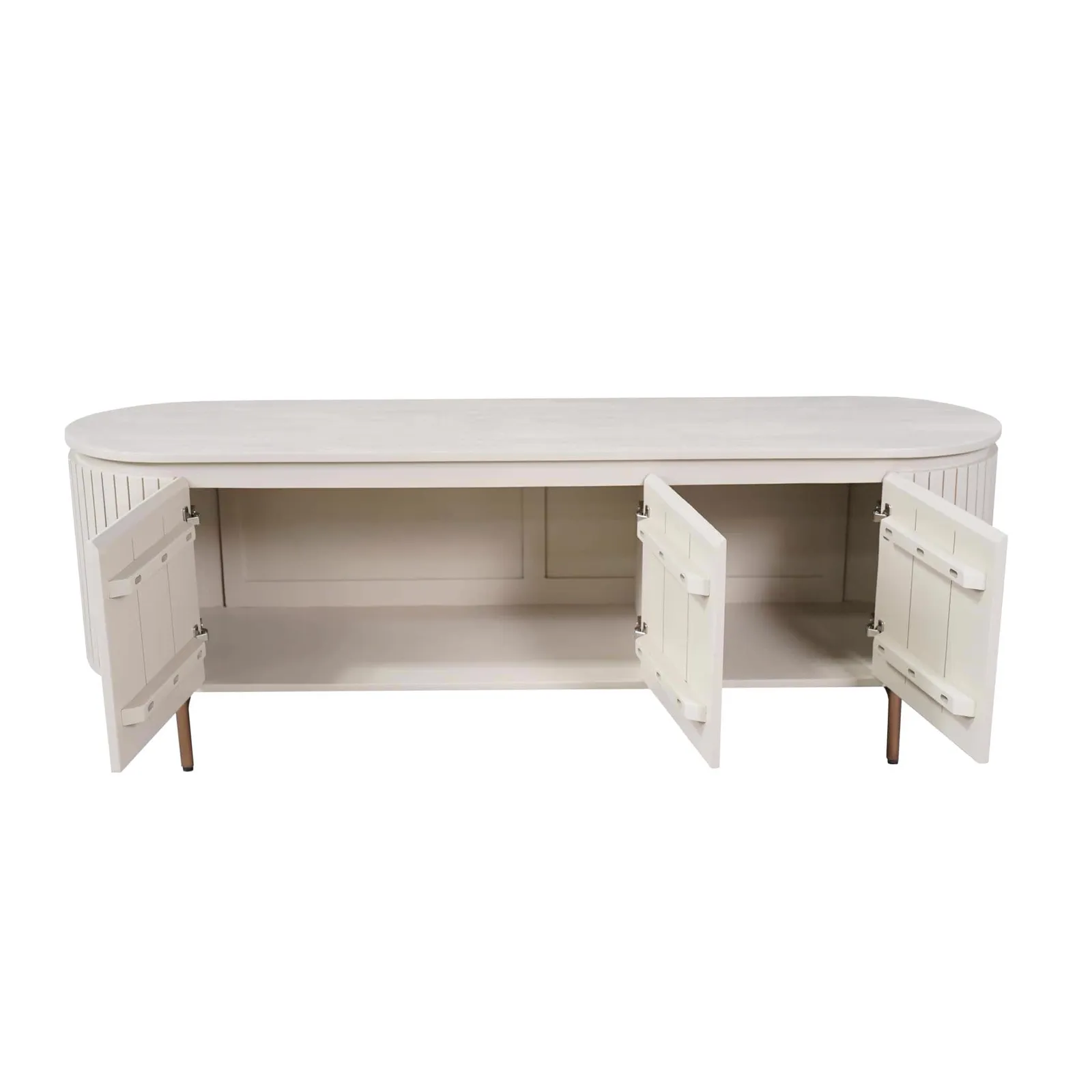 Couchtisch Solana Sand Mangoholz 50 cm mit offenen Türen auf weißem Hintergrund, von vorne fotografiert - Starfurn