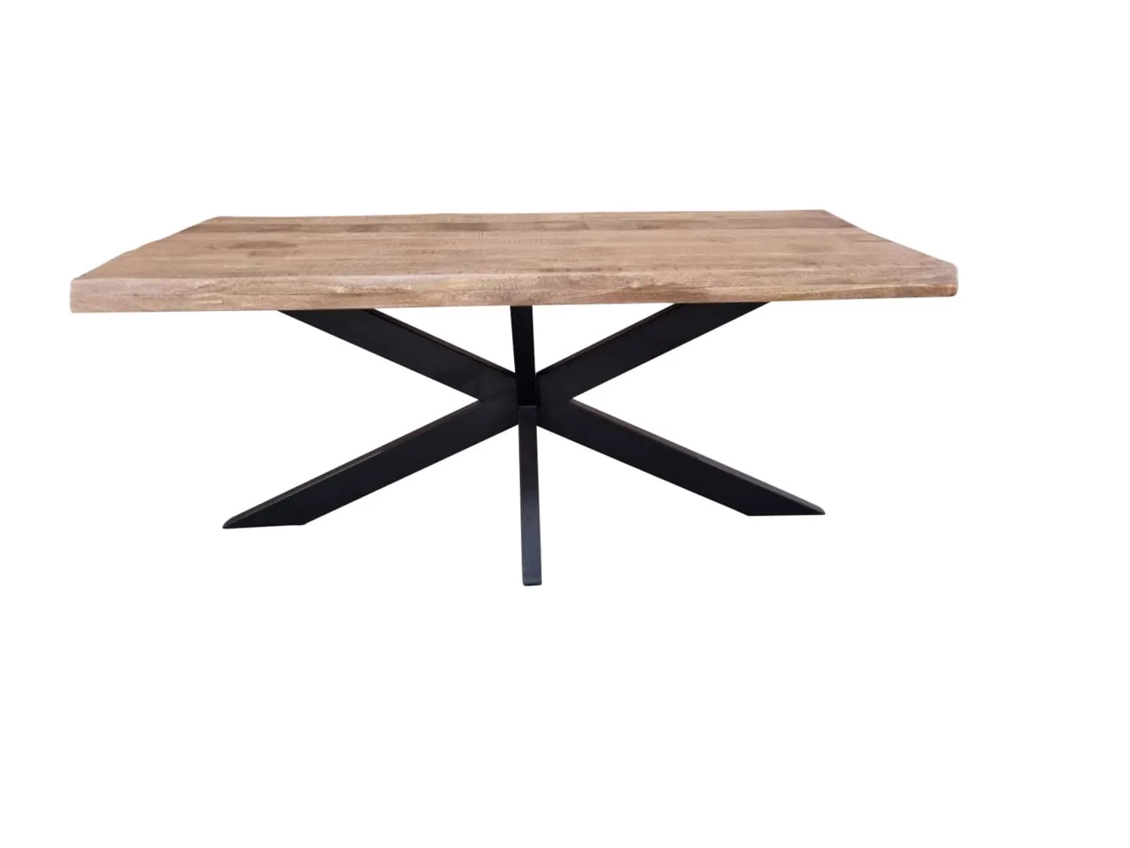 Baumstammtisch Boston Natur Mangoholz 220 cm mit schwarzen X-Beinen auf weißem Hintergrund - Starfurn