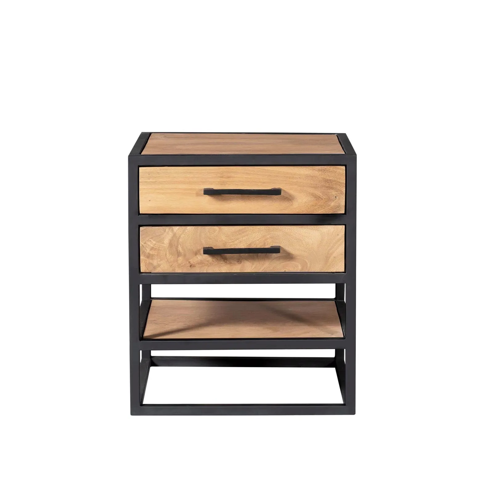 Quadratischer Couchtisch Noa Natur Mangoholz 80 cm mit zwei Schubladen und zwei offenen Fächern vor weißem Hintergrund - Starfurn