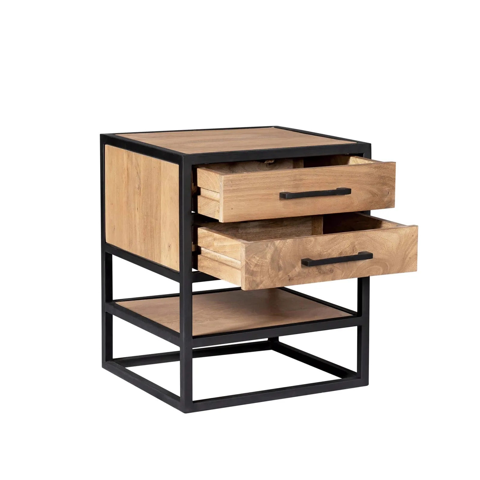 Quadratischer Couchtisch Noa Natur Mangoholz 80 cm mit zwei offenen Schubladen und einem offenen Fach, aus niedriger Perspektive - Starfurn