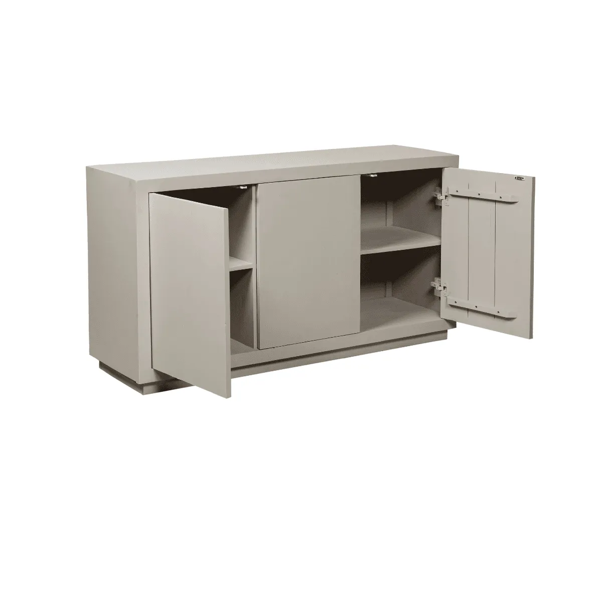 Sideboard Brüssel Sand Mangoholz 150 cm auf weißem Hintergrund mit geöffneten Türen - Starfurn