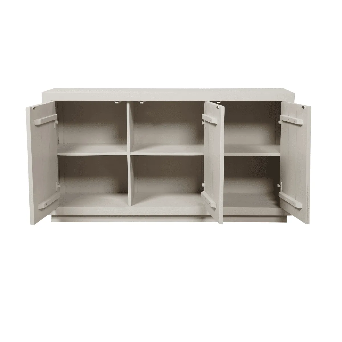 Sideboard Brüssel Sand Mangoholz 150 cm mit allen offenen Türen vor weißem Hintergrund - Starfurn