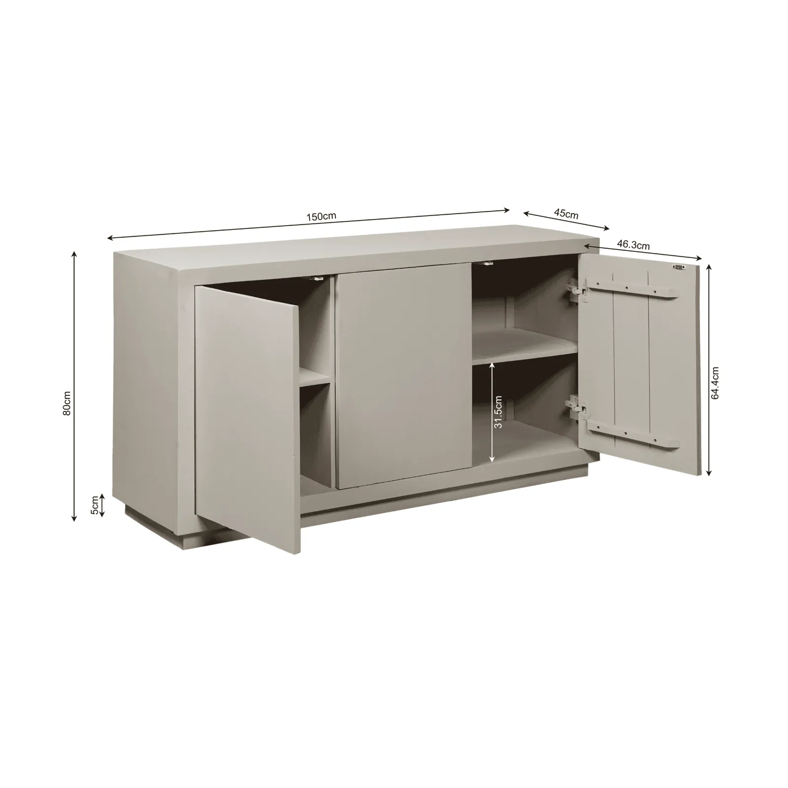 Sideboard Brüssel Sand Mangoholz 150 cm mit geöffneten Türen und sichtbaren Maßen auf weißem Hintergrund - Starfurn