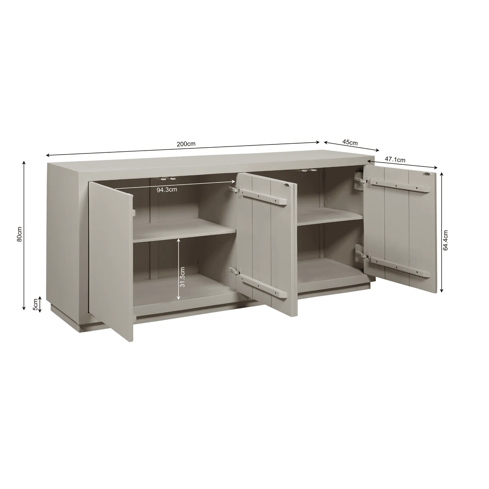 Sideboard Brüssel Sand Mangoholz 200 cm auf weißem Hintergrund mit Maßen - Starfurn