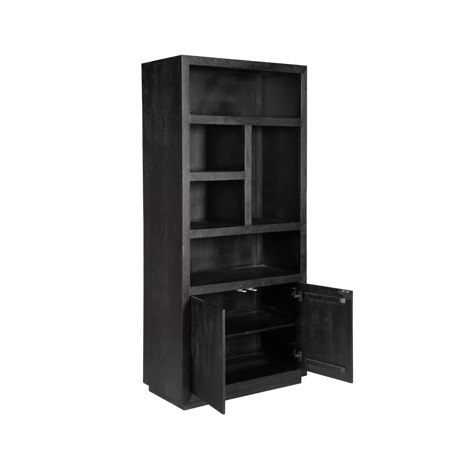 Regalsystem Brüssel Black, 90 cm, mit offenen Türen und Blick auf die Regalböden, auf weißem Hintergrund - Starfurn