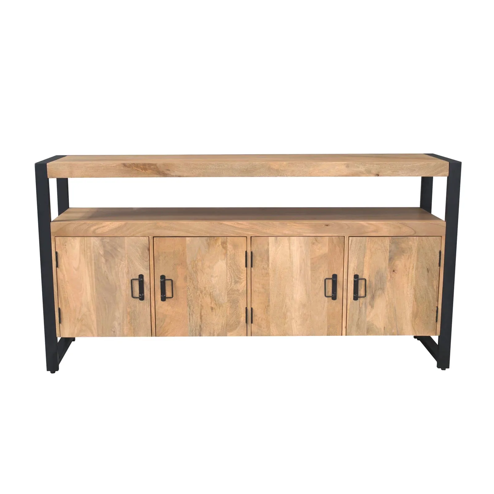 Quadratischer Couchtisch Noa Natur Mangoholz 80 cm auf weißem Hintergrund, aus einer frontalen Perspektive - Starfurn