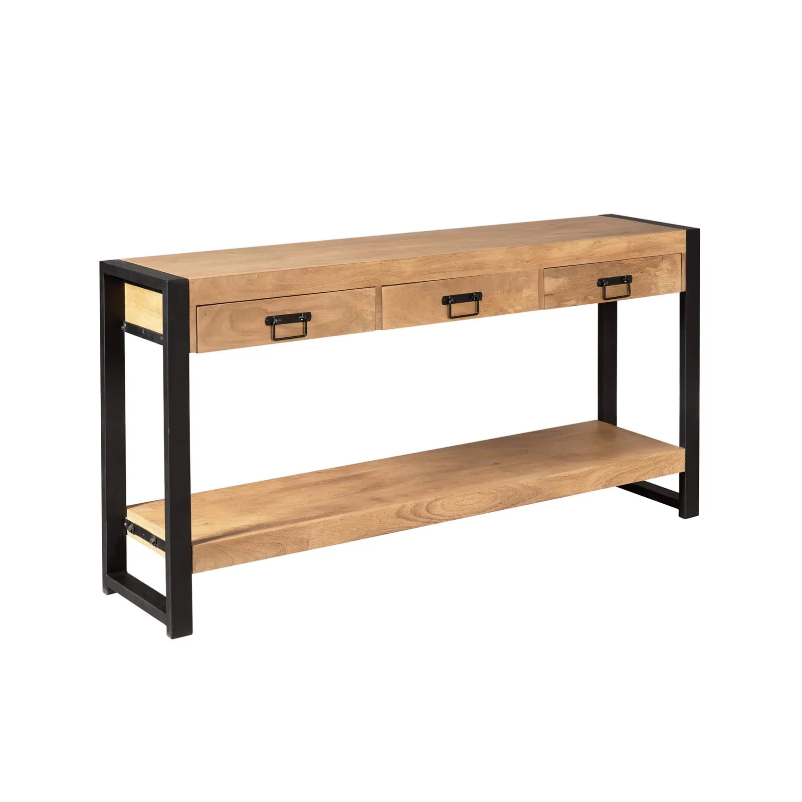 Sideboard Britt 150 cm auf weißem Hintergrund, mit drei Schubladen und einer unteren Ablage - Starfurn