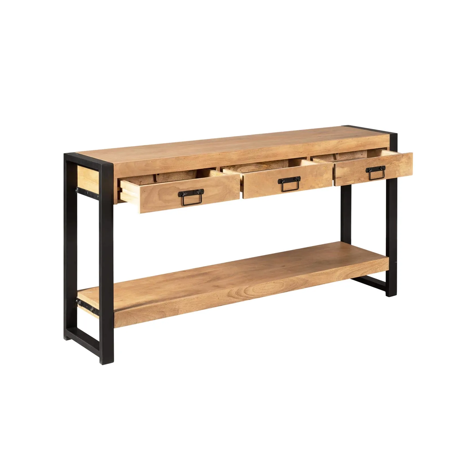 Sideboard Britt 150 cm mit drei offenen Schubladen und einer unteren Ablage auf weißem Hintergrund - Starfurn