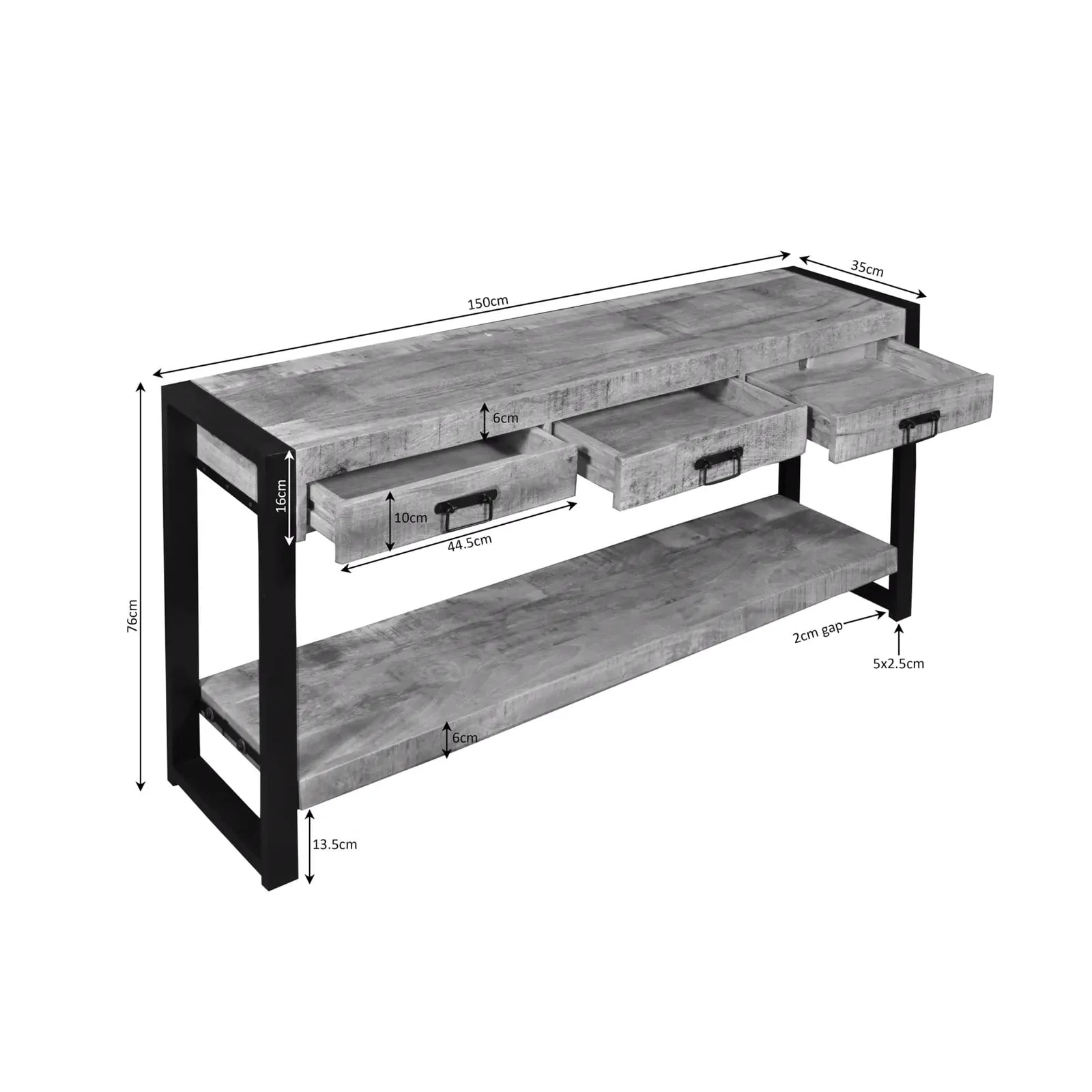 Sideboard Britt 150 cm breit mit drei Schubladen und einem unteren Regal, schräg von oben auf weißem Hintergrund fotografiert - Starfurn